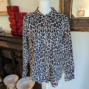 Talbots Womens 16 Animal Leopard Print Long Sleeve ButtonUp Blouse Top Brown 131